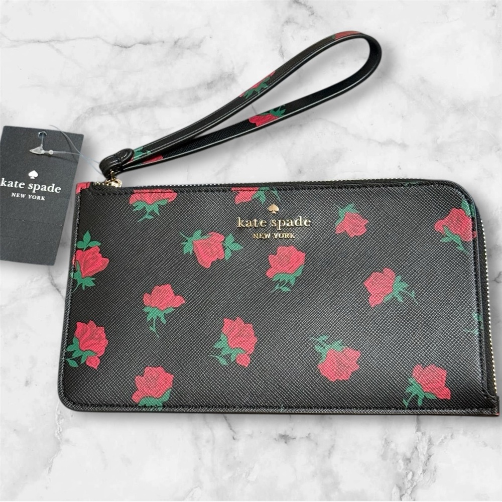 NWT Kate Spade Lucy Medium L-Zip Wristlet KE634 Ditsy Rose Toss Black Multi